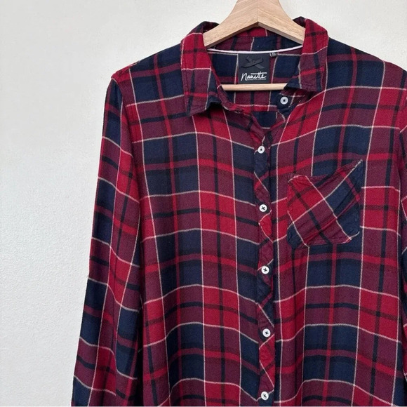 Nanette Lepore Womens  Xlarge Plaid Rayon Fringe Hem Button Shirt - Picture 6 of 13